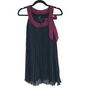 Signature By Robbie Bee Black Pleated Mini Shift Dress Burgundy Trim Bow 4P